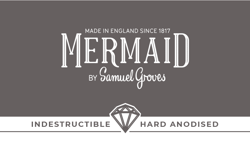 mermaid product packaging design silver hard anodised sub brand with diamond icon