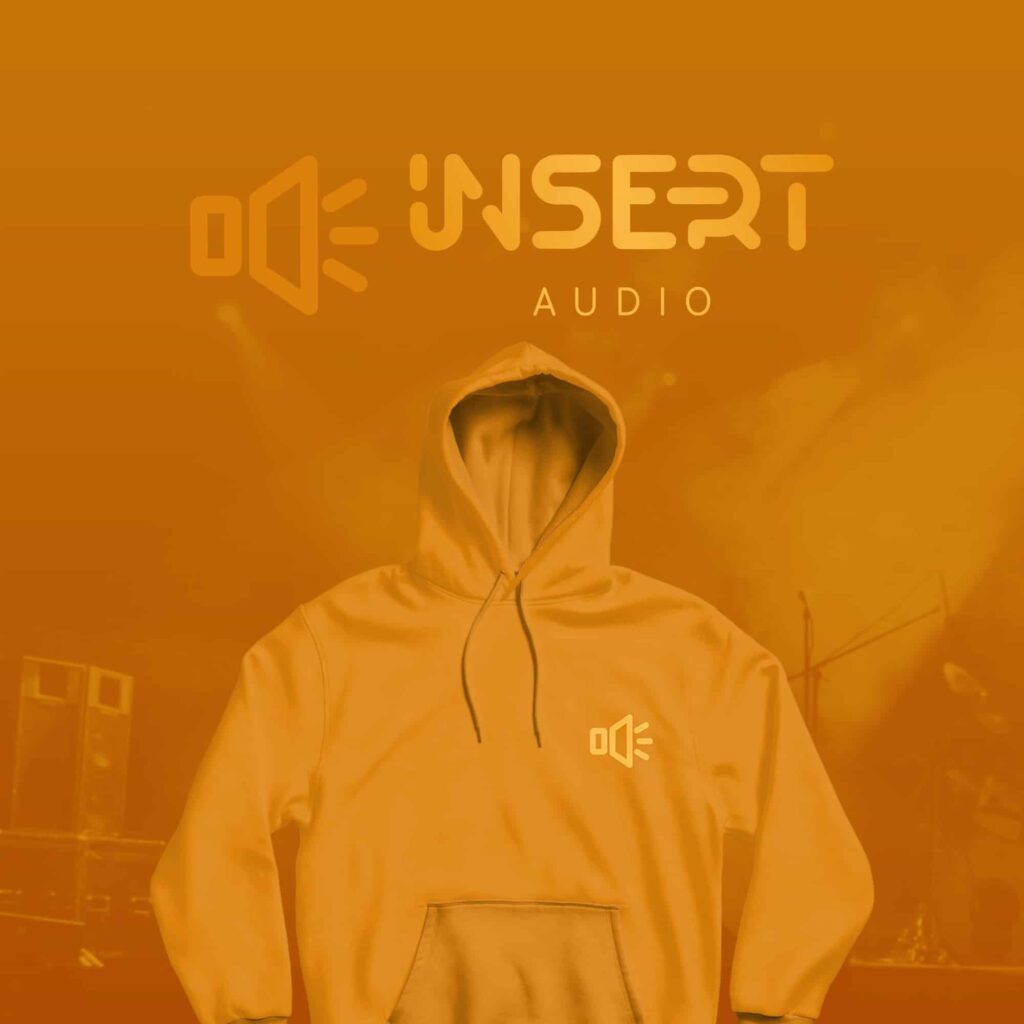 brand development, insert audio logo on an orange hoodie