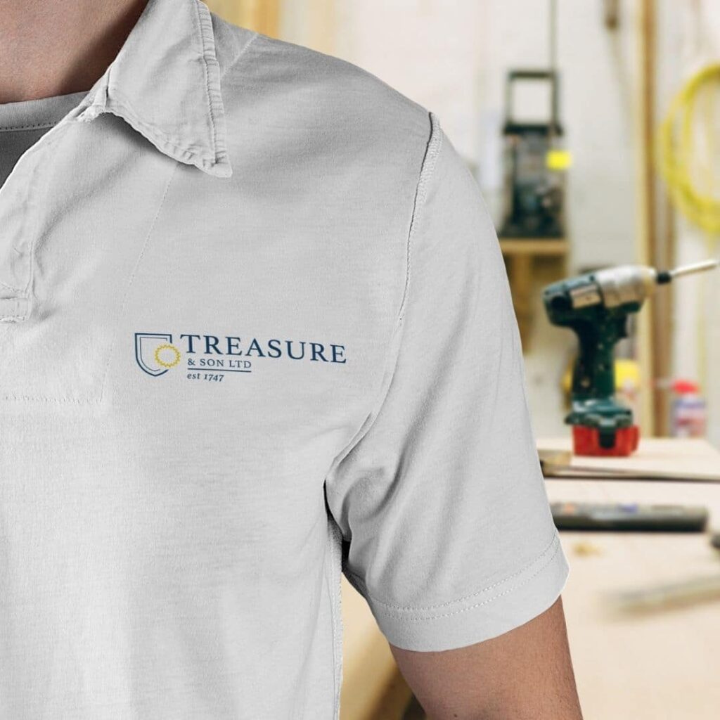 Treasure and Son brand development, white polo top with logo on