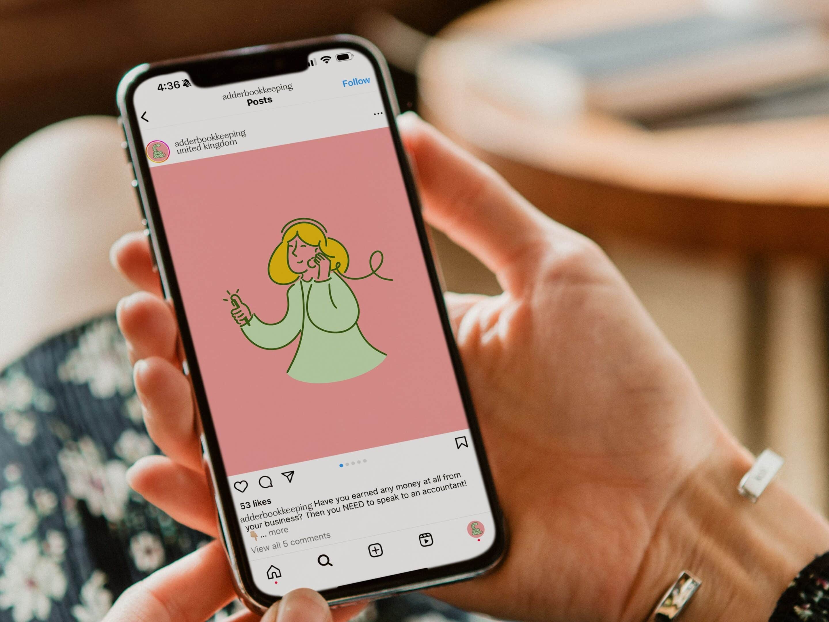 Person looking at Adder Bookkeeping illustrations on social media