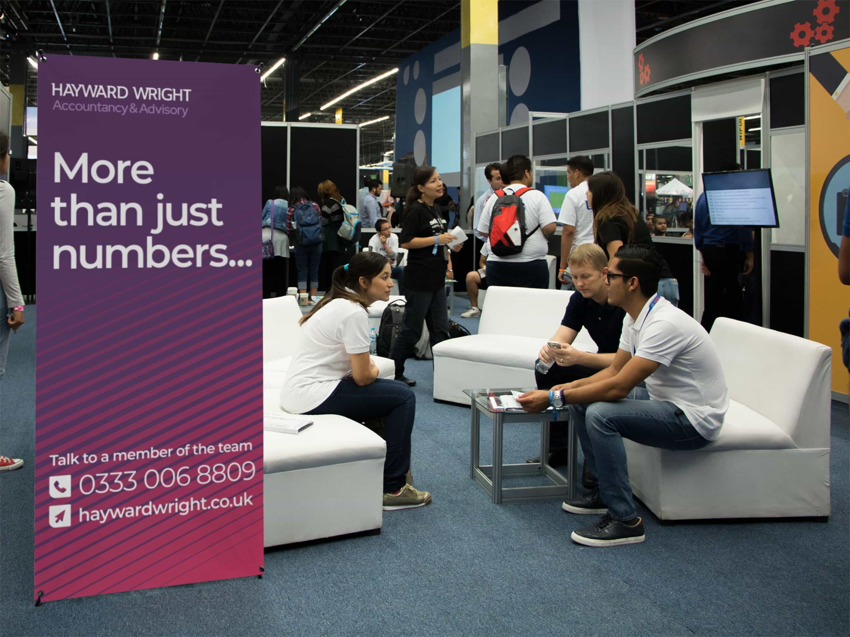 Hayward wright rebrand visual identity on a pop up banner