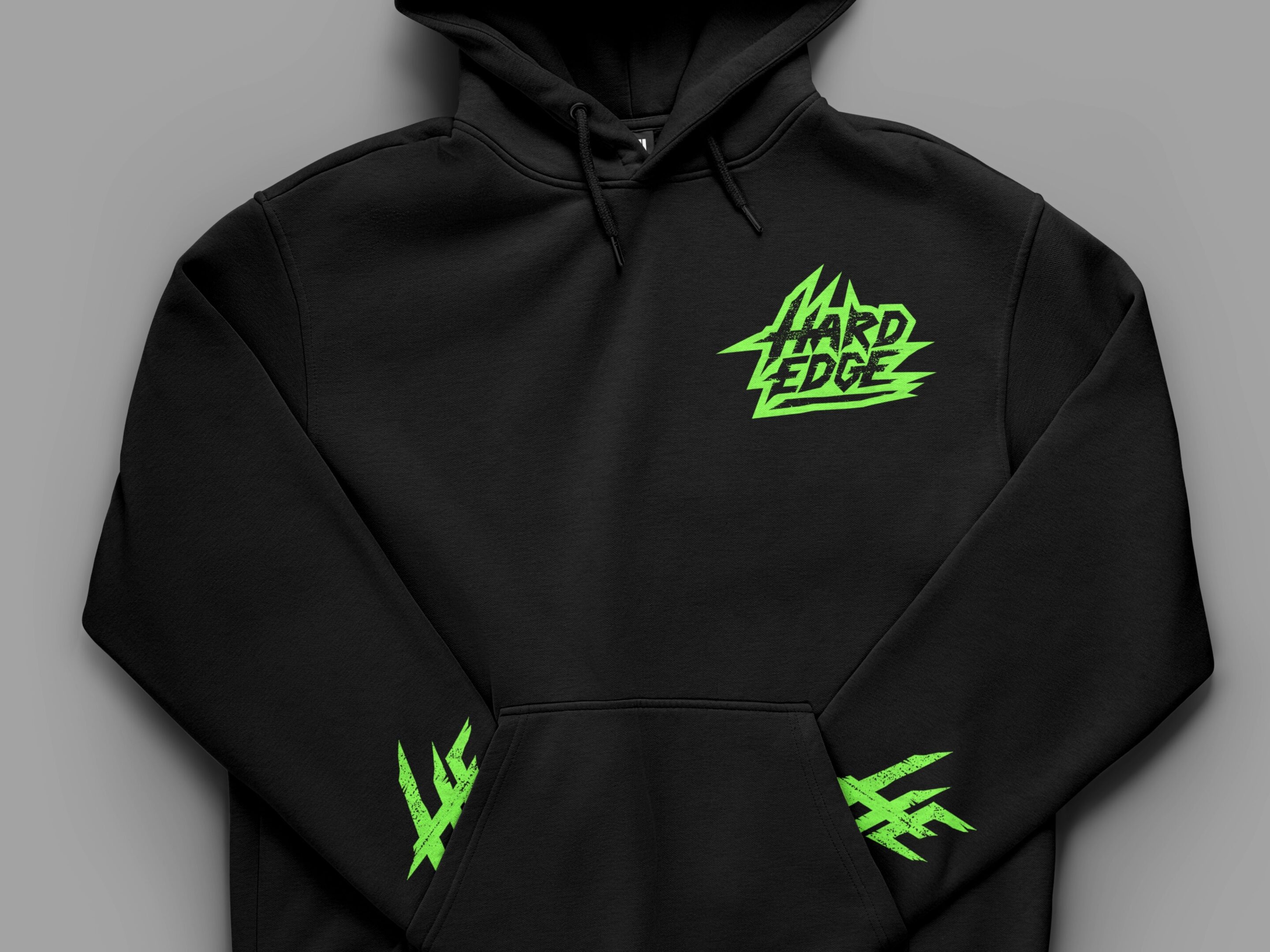 Hard Edge brand on the front of a hoodie