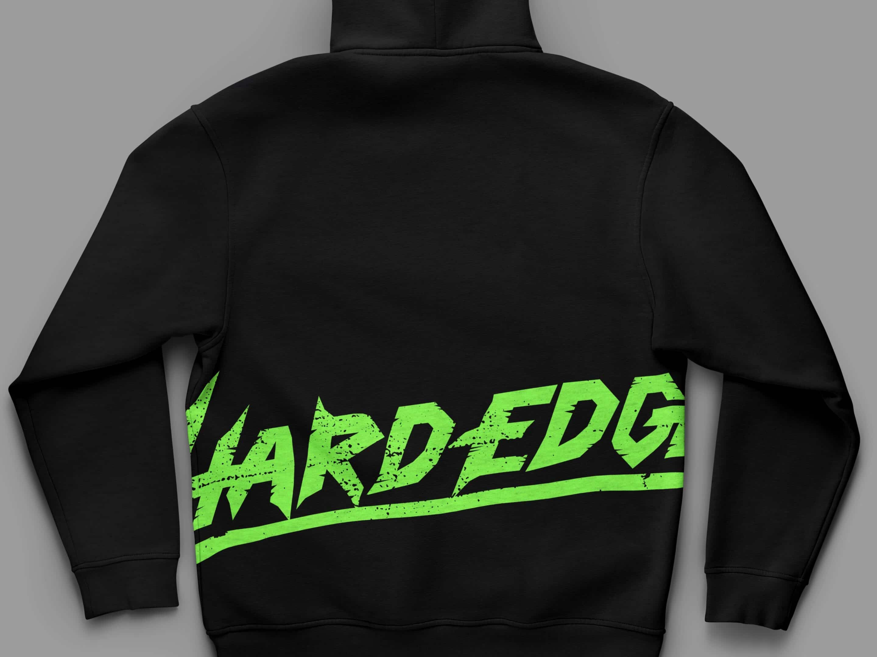 Hard Edge brand on the back of a hoodie