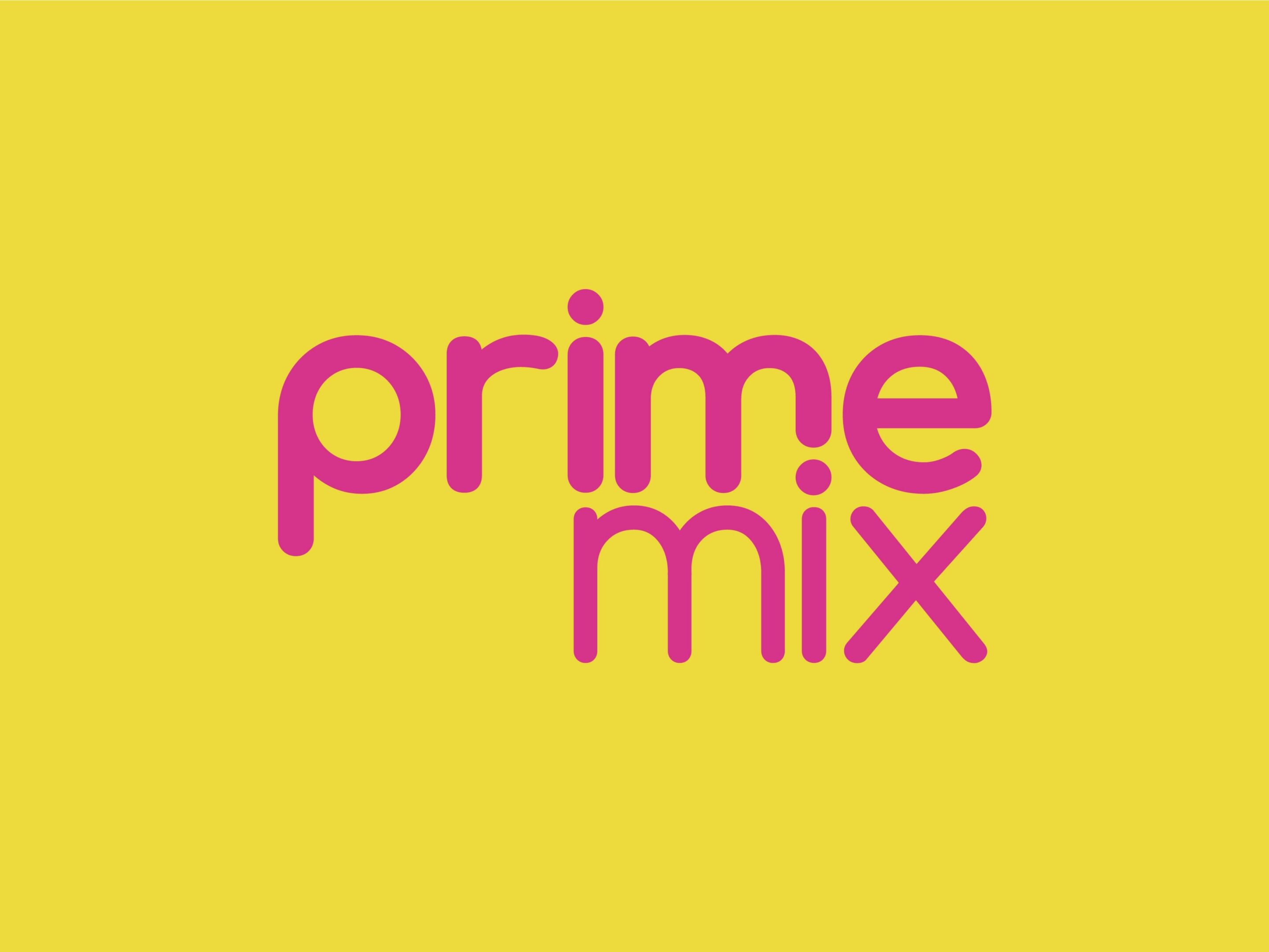 Prime Mix Marketing logo pink on yellow
